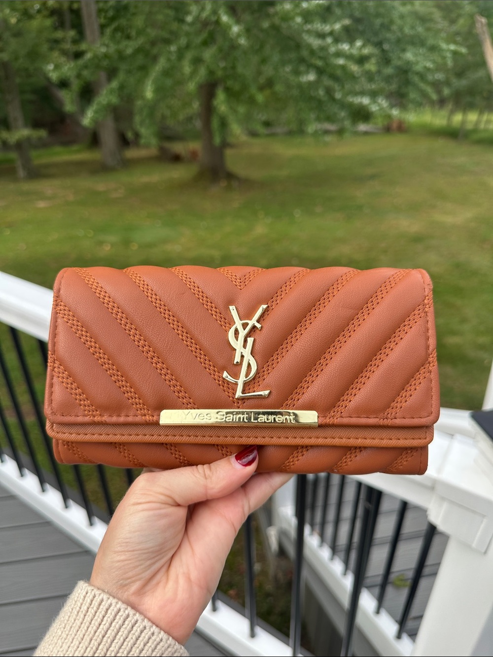 Yves Saint Laurent Rust Chevron Quilted Wallet with Gold Logo